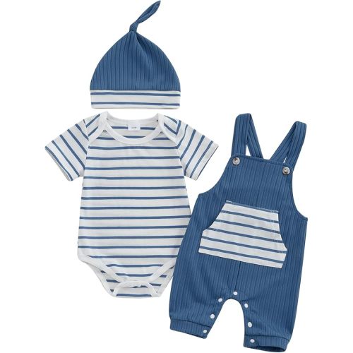 Newborn Baby Boy Summer Clothes Stripe Short Sleeve Romper Suspender Pants Hat 3Pcs Set Cute Coming Home Outfit