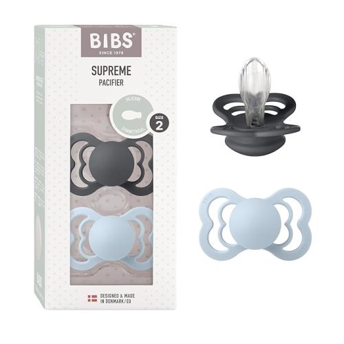 BIBS Pacifiers - Supreme Collection | BPA-Free Baby Pacifier | Made in Denmark | Set of 2 Iron/Baby Blue Color Premium Soothers | Size 6-18 Months