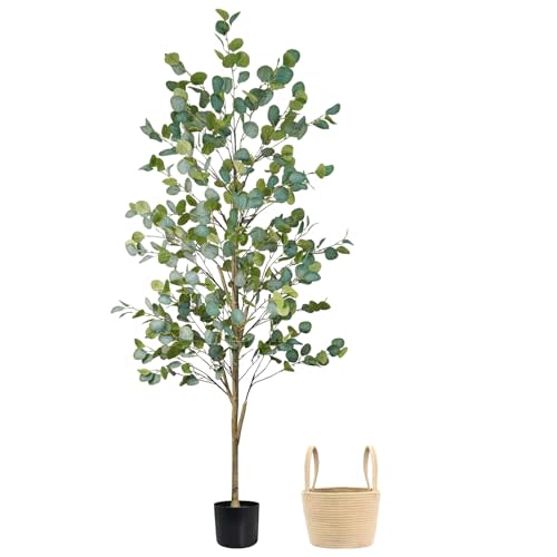 Caxchiling Faux Eucalyptus Tree 6FT, Artificial Potted Tree for Indoor Outdoor, Fake Floor Plants with Natural Wood Trunk, Home Office Living Room Bedroom Decor