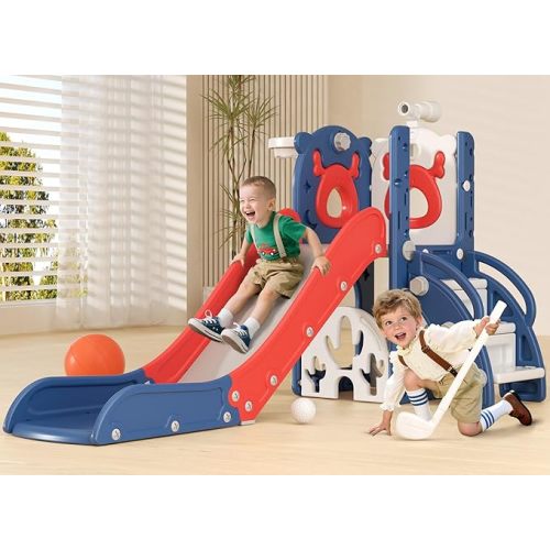 XJD 5 in 1 Toddler Slide, Kids Slide for Toddlers Age 1-3, Outdoor Indoor Playset for Toddlers with Basketball Hoop and Ball, Storage Space Christmas Birthday Gifts for Toddler (Gley)