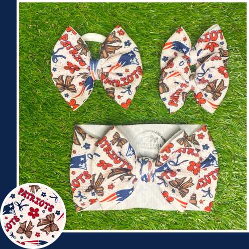 NEW ENGLAND PATS Football Hair Bows. Headwraps, Bow on Nylon, Clips, Piggies. Classic & Shredded. Preemie. Newborn. Infant. Baby. Toddlers.