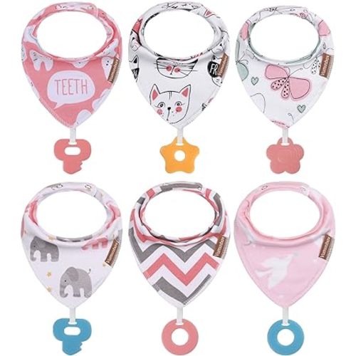 Baby Bandana Drool Bibs 6-Pack and Teething Toys 6-Pack Made with 100% Organic Cotton, Absorbent and Soft Unisex