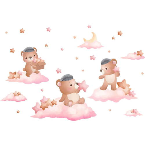 Pink Bear Wall Stickers Cute Cartoon Animal Wall Decals Clouds Stars Moon Peel and Stick Vinyl Wall Art Decals TV Wall Decor for Baby Nursery Kids Playroom Bedroom Living Room