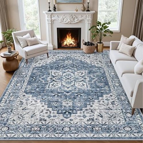 6x9 Area Rugs Living Room: Washable Vintage Rug for Bedroom Blue