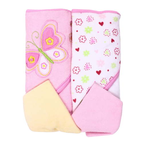 Spasilk Baby 2 Hooded Towels & 2 Washcloths Set for Newborns and Infants, Pink Butterfly