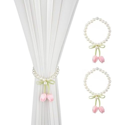 SUQ I OME Handmade Tulip Flower Curtain Magnetic Tiebacks, Pink
