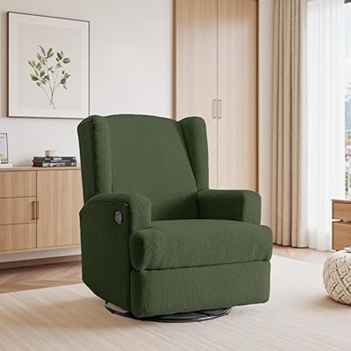 Recliner Chair, Swivel Rocker Chairs for Adults, Small Manual Nursery Glider Recliner for Living Room, Bedroom (Teddy Green, Set of 1)