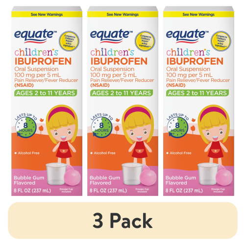 (3 pack) Equate Children's Ibuprofen Oral Suspension, 100 mg, Bubble Gum Flavor, Ages 2 to 11 Years, 8 fl oz, Compare to Children's Motrin® Active Ingredient