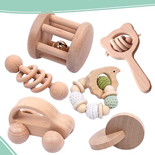 6 Pieces Toy Set- Wooden Baby Toys for Babies 0-6 Months,Wooden Toys for Babies Rattles with Bells,Wooden Rattles Push Car,Wood Rattle Toys Gifts for Boys Girls,Montessori Toys for Babies 0-6 Months