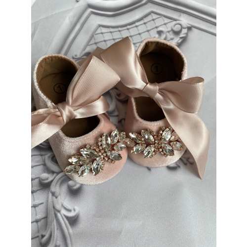 Infants Gift Baby Pink Velvet Shoes, Rose Gold Rhinestone Bow