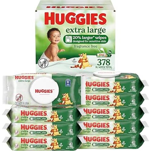 Huggies Extra Large Baby Wipes, Unscented, 9 Flip-Top Packs, 378 XL Wipes Total, Packaging May Vary