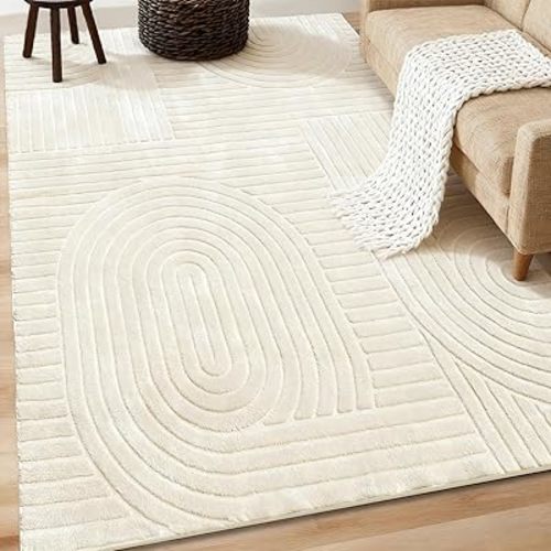 5x7 Solid Color Area Rugs – Washable Living Room Rug, Durable Non-Slip Indoor Carpet with Soft High-Low Pile, Fluffy Floor Rugs for Bedroom, Bedside, Kids Room, Dorm, Nursery, Home Décor, Beige