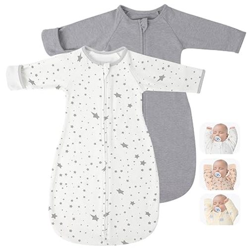2 Pack Transitional Swaddle Sack with Arms Up & Sleeves, Mitten Cuffs, 2-Way Zipper, Sleep Sacks Blanket for Newborns - Calms Startle Reflex, Newborns Baby Boys & Girls Sleep Bag