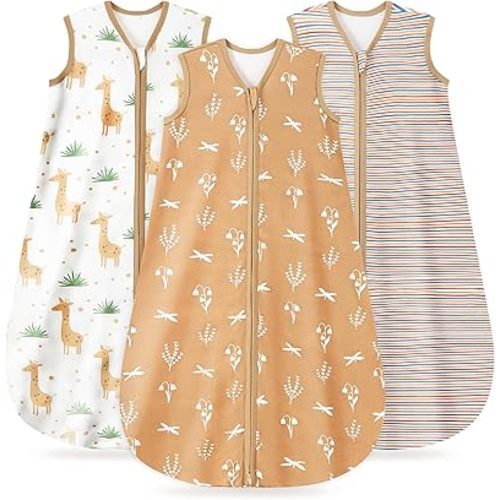 3 Pack Baby Sleep Sack 0-6 Months 100% Organic Cotton, 0.5 TOG Lightweight Wearable Blanket, 2-Way Zipper Sleeping Bag, Brown