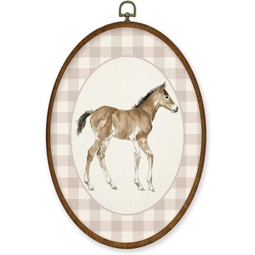 WULQYING Vintage Baby Horse Nursery Wall Art Decor, Kids Playroom Oval Framed Canvas Art Prints, Neutral Gingham Foal Horse Animal Wall Hanging Decor for Kids Toddler Room Bedroom, 8.6x11.4 Inches