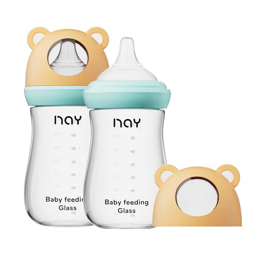 yanyoyo Natural Glass Baby Bottle for Breastfeeding Babies, 8oz Anti-Colic Baby Bottle with Natural Response Nipple(M), Clear, Wide Neck, 2 Pack, 3 Months+