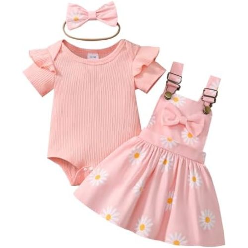 Newborn Baby Girl Summer Overall Dress Infantl Short Sleeves Ribbed Romper Bow Skirt Set 3Pcs Outfits