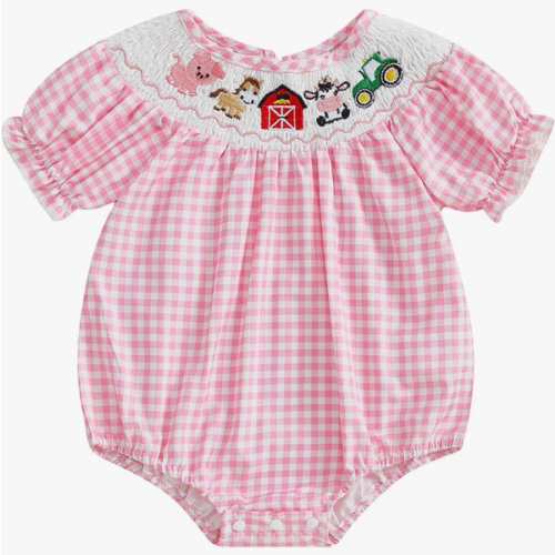 FIOMVA Toddler Baby Girl Clothes Summer Smocked Bubble Romper Embroidery Onesie Short Sleeve Bodysuit Cute Outfits