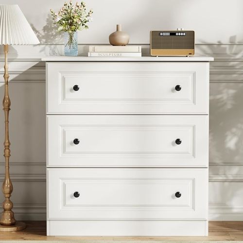 3 Drawer Dresser for Bedroom, White Wood Dressers and Chests of Drawers, Wooden Table Top Storage Dresser for Living Room, Hallway, Enterway, Dressing Room