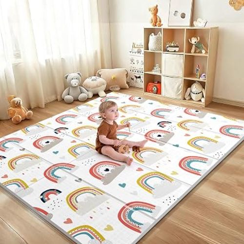 79x71 Extra Large Baby Play Mat for Floor, Foldable Playmat,Rainbow