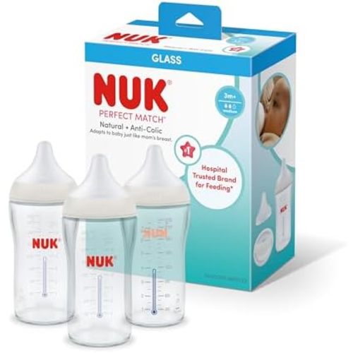 NUK Perfect Match Natural Transition Glass Baby Bottle, 8oz, 3-Pack
