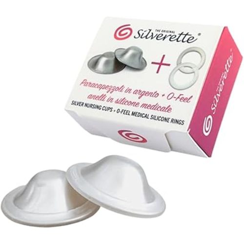 SILVERETTE The Original Silver Nursing Cups, Nipple Covers for Breastfeeding Essentials, Pure 925 Silver Nipple Shields for Breastfeeding Newborn, Regular Size with O-Feel Silicone Rings
