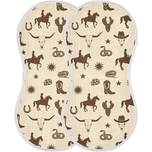 2 Pack Muslin Burp Cloths Western Cowboy Horse Beige Cotton Baby Burp Cloths Ultra Soft Burping Cloth Absorbent Spit Up Rags for Newborn Boys Girls 22x11 Inch