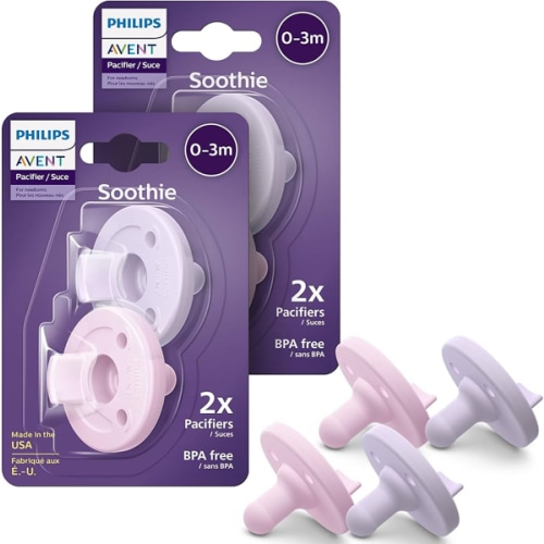Philips Avent Soothie Orthodontic Baby Pacifiers, 100% Silicone Pacifiers, One Piece, BPA-Free, for Babies 0-3 Months, 2 Lilac and 2 Pink, 4 Pack, Model SCF190/70