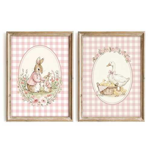 Bunny and Silly Goose Nursery Wall Art Set, Vintage Cottagecore Rabbit, Girl Nursery Prints, Pastel Pink Gingham Art, Farm Animal Print