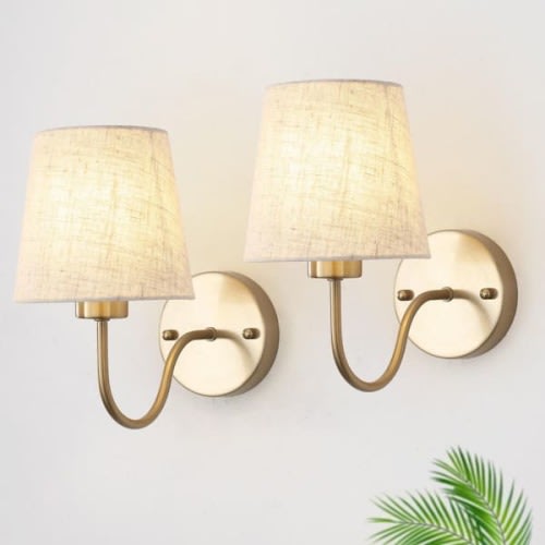 (Set of 2) 10.78 in. 1-Light Brass Rustic Wall Sconce Light with Linen Beige Fabric Shade for Toilet, Hallway, Staircase