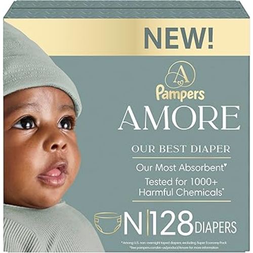 Pampers Amore, Size 0 (up to 10 lbs), 128 Count, Our Best Diaper – Hypoallergenic & Fragrance Free, Up to 100% Leakproof, Soft as Cashmere