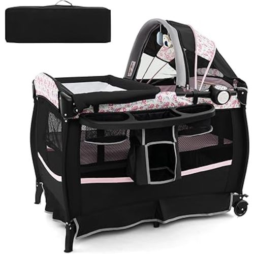 HONEY JOY Pack and Play, 4 in 1 Portable Baby Crib Playpen w/Bassinet, Changing Table, Canopy, Mattress, Music Box, Storage Bag, Foldable Pack and Play for Infant Boys Girls