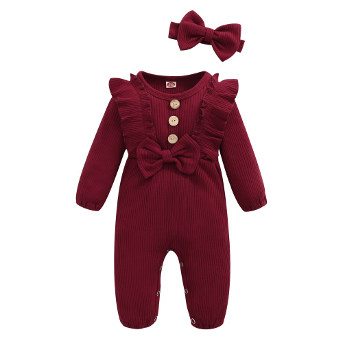 Kucnuzki Infant Baby Girls Bodysuits 12-18 Months Round Neck Ruffle Long Sleeves Romper Fall Solid Color Bowknot One-piece Overalls Autumn Headband Red