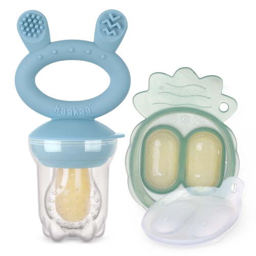 Haakaa Freeze-N-Feed Mini Combo with Silicone Food Feeder & Silicone Mini Nibble Tray|Baby Solid Food Self Feeder|Breastmilk Popsicle Mold Storage & Feeder for Soothing Baby Gums 1 PK (Sky Blue)