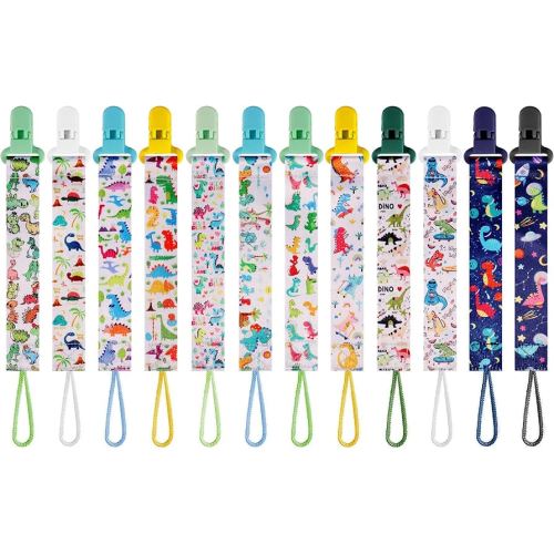 12 Pack Pacifier Clips with Adjustable Strap (32-46.5cm)/Short Strap(25.5cm) - Premium Polyester Baby Pacifier Holder Set, Multi-Design Clips for Boys Girls (Multicolor F 24/25cm)