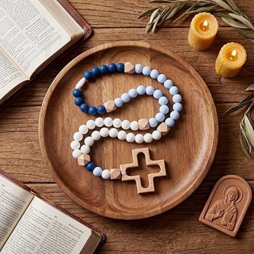 MTLEE Baby Rosary Baptism Gift Silicone God Bless Kids First Rosary with Cross 1st Year Baptism Party Supply for Baby Shower Catholic First Communion Gifts Christian Communion Party Decoration(Blue)