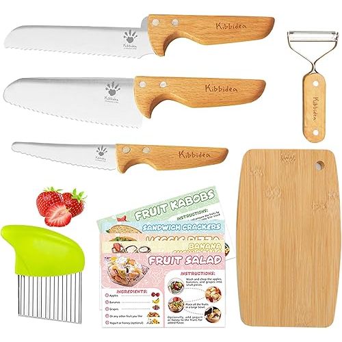 Kibbidea Kids Safe Knife Set for Real Cooking 11-Piece, BPA-free Kids Cutting Board and Knife Set，Firm Grip, Serrated Children Friendly Kitchen Chef Knives for Starter