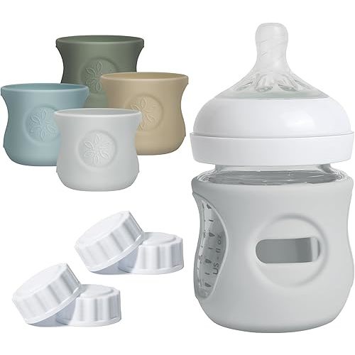 4 Pack Silicone Sleeves for Philips Avent Natural Glass Bottle, Food Grade Silicone Cover and 4pcs Travel Caps, Lids Replacement (Dark Blue+Dark Green+Grey+Beige, 4oz)