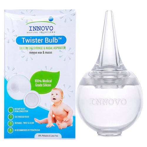 Innovo FSA/HSA Eligible Hospital Grade Silicone Twister Bulb Baby Ear Syringe and Nasal Aspirator, Sucks Snot and Mucus, Cleanable and Reusable, Clear