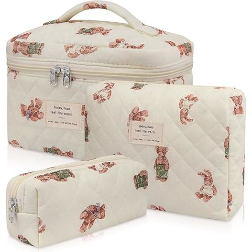 3pc Makeup Bag Set, Quilted Makeup Bag Set, Large Floral Cosmetic Bag for Women, Cute Cotton Makeup Bags, Flower Travel Toiletry Organizer Bag (White Bear)