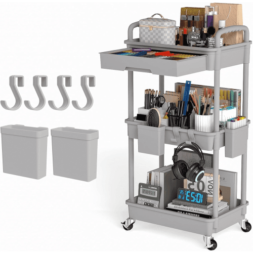 LLMRR 3 Tier Rolling Utility Cart with Drawer, Cart with Drawer & Handle, Bathroom Cart Organizer, Rolling Storage Cart with Drawer, Rolling Cart with Lockable Wheels for Kitchen, Office, Gray
