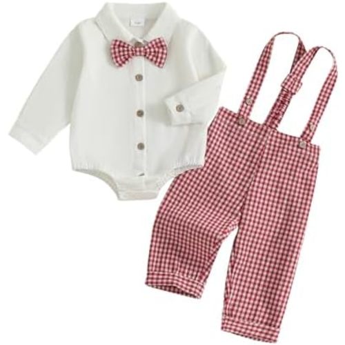 Baby Boy Clothes Set Infant Bow Tie Button Down Shirt Bodysuit Top Suspender Pants 2Pcs Fall Winter Outfit