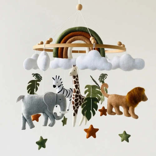 Safari Nursery Mobile with Rainbow | Realistic Felt Lion, Giraffe, Zebra & Elephant | Perfect Newborn Gift - Cozybabywear