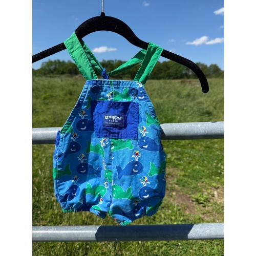 Vintage OshKosh B'Gosh Whale Print Overalls | 12M Retro Nautical Baby Bubble Romper