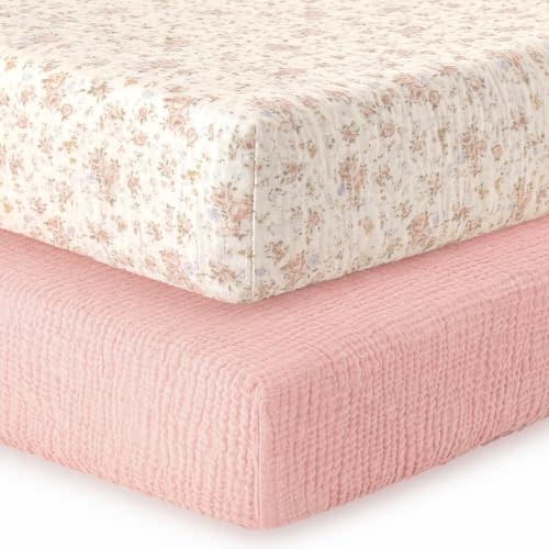 2 Pack Muslin Crib Sheets for Girl - 52” x 28”, Dusty Pink & Floral | Fitted Baby Crib Sheets for Standard Toddler Crib Mattress - Soft Breathable Cotton Baby Bed Sheets