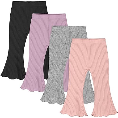 Resinta 4 Packs Baby Girl Flare Pants Solid Toddler Bell Bottoms Trousers Cotton Ribbed Ruffle Pants