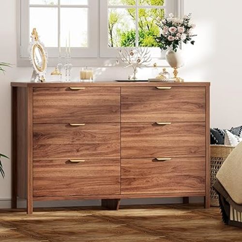 Fluted Dresser for Bedroom with 6 Drawers, 47.2" Modern Chest of Drawers, Dresser TV Stand, Wood Drawer Organizer for Living Room, Hallway, Walnut