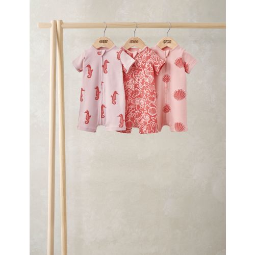 3 Pack Pure Cotton Seahorse Zip Rompers (0-18 Months)
