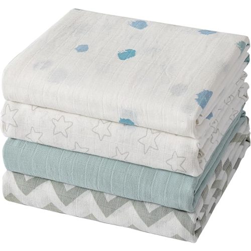 Muslin Swaddle Blankets for Boys & Girls, Receiving Baby Blanket for Newborns, Large 47 x 47 Inches, Soft Breathable Baby Swaddles, 4 Pack Stars & Striped
