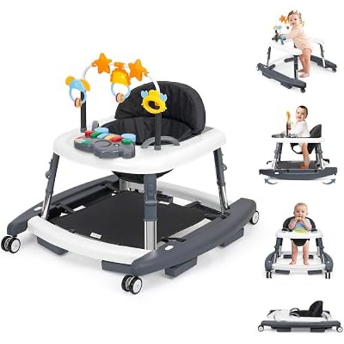 5-in-1 Music and Lights Foldable Baby Walker, Baby Walker with Wheels Portable with 5 Adjustable Heights, Infant Toddler Walker for Baby Boy Girls 6-18 Months(Grey)